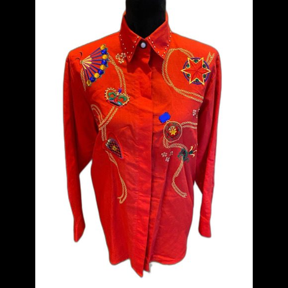 Vintage Harbour Vue Blouse 1980's Gemstone Jeweled Button Up Shirt Size 12 Top - Picture 2 of 12